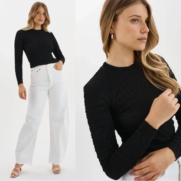 LAMARQUE • Nandra Top black textured tee long sleeve scoop neck cropped tight - Picture 1 of 11
